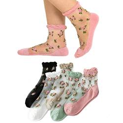 IYOU Jahrgang Schier Knöchelsocken Rosa Blume Mesh-Socken Draussen Gruppe Transparent Lässige Socken zum Frau und Mädchen (5 Paare) von IYOU