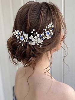 IYOU Perle Hochzeit Haar Rebe blaue Blume Haarschmuck Kristall Stirnband Prom Brautjungfer Braut Haarteil für Frauen von IYOU