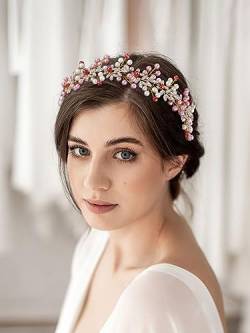 IYOU Perle Hochzeit Stirnband Rosa Blatt Braut Haarband Kristall Brautjungfer Braut Haarteil Haarschmuck für Frauen (Gold) von IYOU