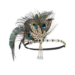 IYOU Pfau Feder Gatsby Kopfbedeckung Schwarz Kristall Flapper Stirnbänder Abschlussball Kostüm Hochzeit 1920 Haarschmuck für Frauen (Grün) von IYOU