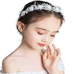 IYOU Prinzessin Weiße Blume Haarschmuck Kommunion Mädchen Weiss Kopfschmuck Perlen Haar Kleid Kristall Braut Hochzeit Haarschmuck für Blumenmädchen von IYOU