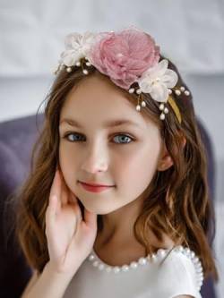 IYOU Mädchen Prinzessin Stirnband Rosa Blume Haarbänder Perlen Geburtstag Hochzeit Kommunion Haarschmuck für Kinder von IYOU