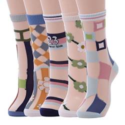 IYOU Transparente Damen Socken von Blume Durchsichtige Socken mit Schwarz Streifen Dünn Sommer Socken aus Glasgewebe für Frauen (5 Paar) von IYOU