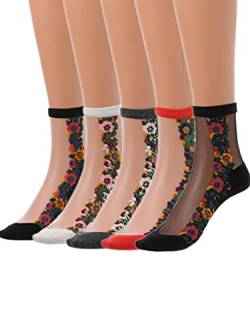 IYOU Weinlese Blume Mesh Socken Schwarz Stickerei Durchsichtig Knöchel Socken Außenbereich Party Transparent Glas Seide Socken für Frauen und Mädchen (5 Paare) von IYOU
