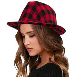 Damen rot karierter Manhattan Trilby Hut, kurze Krempe, Gangster Jazz Caps, klassischer rot-schwarz-karierter Fedora-Hut für Herren, 58 cm Größe M, Red-plaid Short Brim, Medium von IZUS