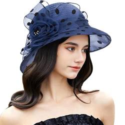 Dots-Organza Blumenband breite Krempe Sonnenhut für Damen Französischer Strohhut Party Hut Braut Hochzeit Fascinator, Marineblau, Medium von IZUS