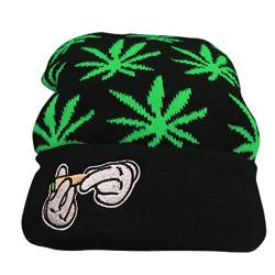 IZUS Marihuana Weed Cuff Beanie Mütze - Strickmütze Wintermütze für Damen Herren, Grün , Einheitsgröße von IZUS