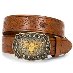 IZUS Rodeo Cowboy-Gürtel für Herren und Damen, Metallschnalle, Western-Jean-Gürtel mit floralem geprägtem PU-Leder, 3,8 cm breit, Unisex-Erwachsene, Bull-braun, 43"Belt for 32"-37" waist von IZUS