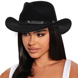 Western Outback Filz Cowboyhut für Damen Cowgirls Fedora Gus Hut Rodeo für Medium/Large Kopfbedeckung, Cowboyhut, schwarz, M/L von IZUS