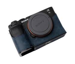 Iborrys Kamera-Spezialisierte Halbtasche aus echtem Leder für Sony A7C Mark II A7C2 A7CR Alpha 7C II 7C2R – Obere Schicht Rindsleder Körper + Metall-Grundplatte 2-in-1-Design (Retro-Blau) von Iborrys