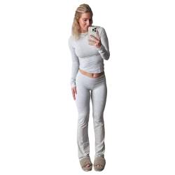 Baumwoll-Lounge-Set, schmal geschnittener zweiteiliger Jogger-Anzug mit langen Hosen, umklappbare Yoga-Schlaghose für Damen, weiches, bequemes Lounge-Trainingsanzug-Set (Grey Long Sleeve Set,XL) von IcassE