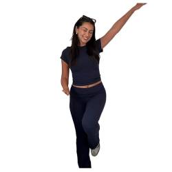 Baumwoll-Lounge-Set, schmal geschnittener zweiteiliger Jogger-Anzug mit langen Hosen, umklappbare Yoga-Schlaghose für Damen, weiches, bequemes Lounge-Trainingsanzug-Set (Navy Long Sleeve Set,XS) von IcassE