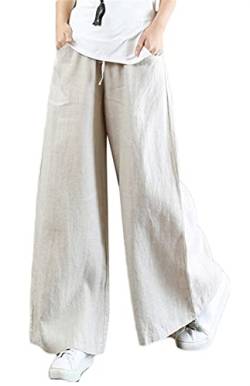 Icegrey Damen Leinenhose Hohe Taille Weites Bein Sommer Casual Lange Hose Sporthose Yogahose, Freizeit, Urlaub, Strand mit Kordelzug, Beige, M von Icegrey