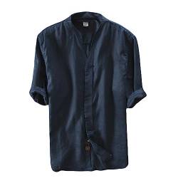 Icegrey Herren 100% Leinen Kurzarm Hemd Sommerhemd V-Neck Freizeit Hemd Tiefes Blau 48 von Icegrey