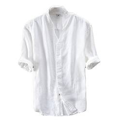 Icegrey Herren 100% Leinen Kurzarm Hemd Sommerhemd V-Neck Freizeit Hemd Weiß 46 von Icegrey