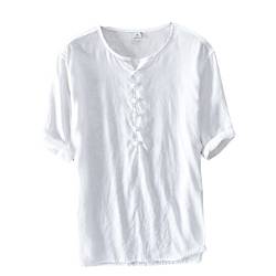 Icegrey Herren Kurzarm Leinen Hemd Henley Kurzarm Hemd T-Shirt Freizeit Hemden Sommer Hemd Weiß 50 von Icegrey