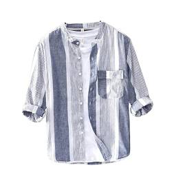 Icegrey Langarm Leinen Hemden Herren Gestreiftes Leinenhemd LäSsiges Lockeres Stehkragenhemd Blau 46 von Icegrey