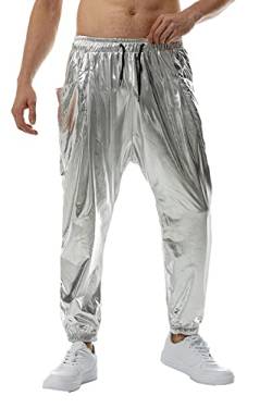 Idopy Herren-Discohose, metallisch, glänzend, Wet-Look, Party, Tanz, gerades Bein, 70er/80er-Jahre, Festival, Rave, Cosplay, Haremshose, silber, 36-41 von Idopy