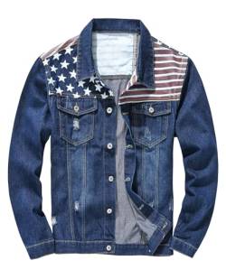 Idopy Herren-Jeansjacke mit amerikanischer USA-Flagge, Distressed Ripped Jeansmantel, Oberbekleidung, blau, XL von Idopy