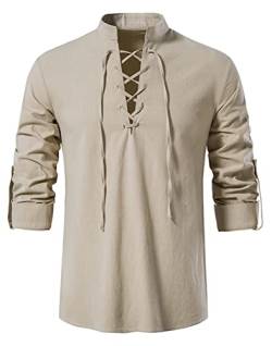 Idopy Herren Retro Lace Up Punk Renaissance Mittelalter Tops Pullover Henley Shirt, beige, M von Idopy