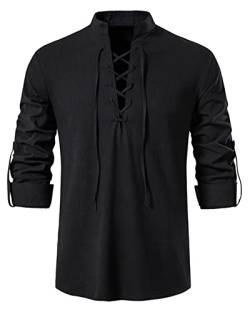 Idopy Herren Retro Schnürung Punk Renaissance Mittelalter Tops Pullover Henley Shirt, Schwarz , M von Idopy