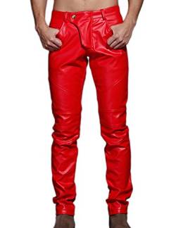 Idopy Herren Schlanke Passform Party Performance Biker Faux Leder Jeans Hosen Pu-Hose, Rot, 32(Taille 81cm) von Idopy