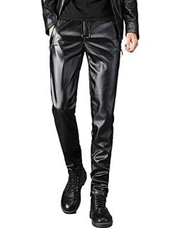 Idopy Herren Schwarze weiche Reißverschlusstasche elastische Taille Kunstlederhose mit Kordelzug von Idopy