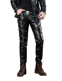 Idopy Herren Slim Fit Soft PU Faux Leder Biker Hose Trachtenlederhose Trachtenlederhose Lederhosen, 32W, Schwarz von Idopy