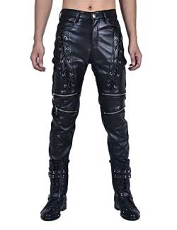 Idopy Männer `s Biker Style schwarz Kunstleder Hose vorne Lace UP Hosen, Schwarz, W32 82cm(32.3inch) von Idopy