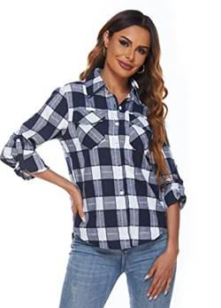 Ietaoo Damen Karo Bluse Kariertes Hemd Blusenshirt Langarm Casual Boyfriend Hemdbluse Oberteile Elegant Flanell Bluse Hemden Navy Weiß XXL von Ietaoo