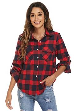 Ietaoo Damen Karo Bluse Kariertes Hemd Blusenshirt Langarm Casual Boyfriend Hemdbluse Oberteile Elegant Flanell Bluse Hemden Rot Navy S von Ietaoo