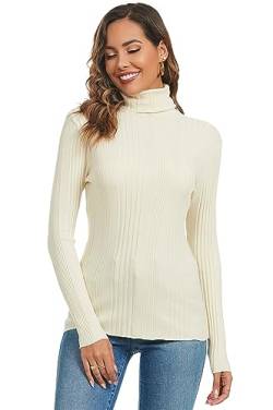 Ietaoo Damen Rollkragenpullover Strick Langarm Warm Sweatshirt Strickpullover Basic Stretch Gerippter Pulli Strickwaren Beige S von Ietaoo