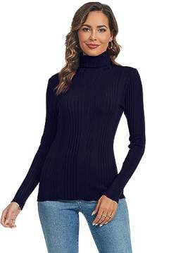 Ietaoo Damen Rollkragenpullover Strick Langarm Warm Sweatshirt Strickpullover Basic Stretch Gerippter Pulli Strickwaren Navy Blau XXL von Ietaoo