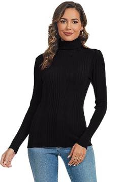 Ietaoo Damen Rollkragenpullover Strick Langarm Warm Sweatshirt Strickpullover Basic Stretch Gerippter Pulli Strickwaren Schwarz S von Ietaoo