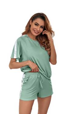 Ietaoo Damen Schlafanzug Kurz Pyjama Set Baumwolle Kurzarm Top und Short Nachtwäsche Hausanzug Zweiteilige Sleepwear Freizeitanzug mit Tasche,Hellgrün,L von Ietaoo