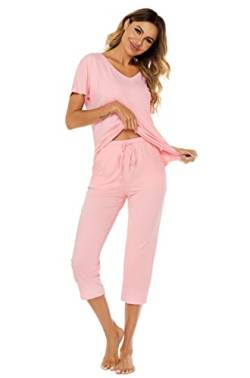 Ietaoo Damen Schlafanzug Kurz Pyjama Set Sommer Kurzarm Top und 3/4 Schlafanzughose Nachtwäsche Hausanzug Zweiteilige Sleepwear Freizeitanzug Rosa XL von Ietaoo