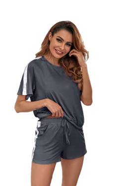 Ietaoo Damen Schlafanzug Kurz Pyjama Set Sommer Kurzarm Top und Short Nachtwäsche Hausanzug Zweiteilige Sleepwear Freizeitanzug mit Tasche,Grau,L von Ietaoo