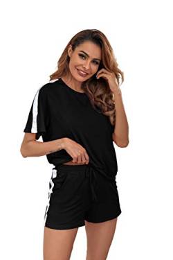 Ietaoo Damen Schlafanzug Kurz Pyjama Set Sommer Kurzarm Top und Short Nachtwäsche Hausanzug Zweiteilige Sleepwear Freizeitanzug mit Tasche,Schwarz, M von Ietaoo