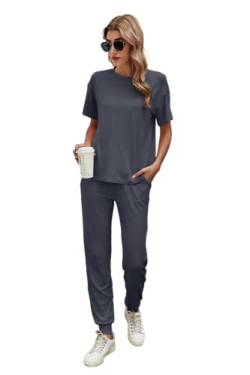 Ietaoo Damen Schlafanzug Pyjama Set Sommer Kurzarm Top und Schlafanzughose Nachtwäsche Hausanzug Zweiteilige Sleepwear Freizeitanzug Grau XL von Ietaoo