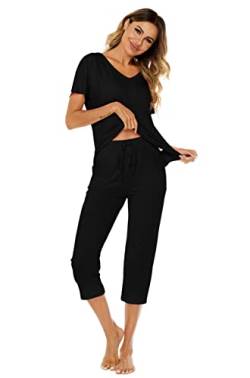 Ietaoo Damen Schlafanzug Sommer Hausanzug Baumwolle Pyjama Kurz Nachtwäsche Set Kurzarm Top und 3/4 Hose Schlafanzug Zweiteiliger Freizeitanzug Schwarz S von Ietaoo