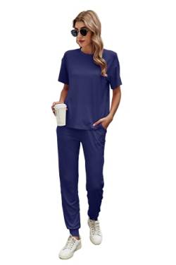 Ietaoo Damen Traingsanzug Zweiteilige Freizeitanzug Sommer Baumwolle Jogginganzug Sport Set Lose Kurzarm Top und Hose Sportanzug Hausanzug Schlafanzug, Navy Blau, Gr.L von Ietaoo