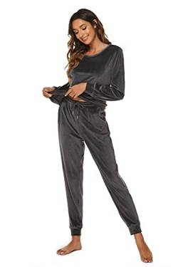 Ietaoo Damen Velours Schlafanzug Pyjama Set Winter Rundhals Pullover und Hose Hausanzug Nachtwäsche Zweiteilige Samt Trainingsanzug Jogginganzug Grau S von Ietaoo