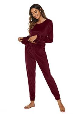 Ietaoo Damen Velours Schlafanzug Pyjama Set Winter Rundhals Pullover und Hose Hausanzug Nachtwäsche Zweiteilige Samt Trainingsanzug Jogginganzug Weinrot XL von Ietaoo