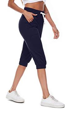 Ietaoo Jogginghose Damen 3/4 Sporthose Trainingshose Sommer Baumwolle Caprihose Sweathose Laufhose Freizeithose Sport Fitness Yoga Hose Navy Blau XXL von Ietaoo