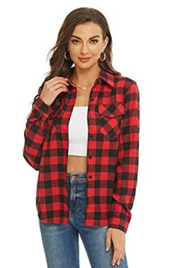 Ietaoo Karierte Bluse Damen Karohemd Langarmshirt Casual Boyfriend Hemd Oberteile Button Down Hemdbluse Plaid Shirt Top Rot Schwarz L von Ietaoo