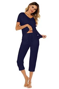 Ietaoo Schlafanzug Damen Kurz Pyjama Sommer Kurzarm T-Shirt und 3/4 Pyjamahose Nachtwäsche Baumwolle Hausanzug Schlafanzug Zweiteilige Jogginganzug Navy Blau M von Ietaoo