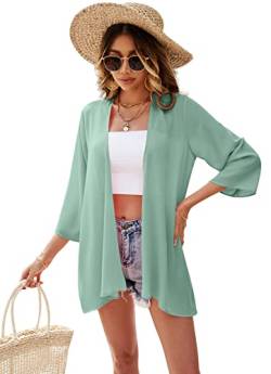 Ietaoo Strickjacke Damen Kimono Cardigan Chiffon Boho 3/4 Arm Leichte Sommerjacke Strand Cover Up Shawl Bluse Grün S von Ietaoo