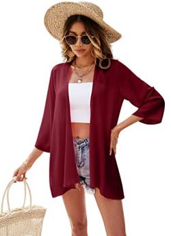 Ietaoo Strickjacke Damen Kimono Cardigan Chiffon Boho 3/4 Arm Leichte Sommerjacke Strand Cover Up Shawl Bluse Weinrot M von Ietaoo