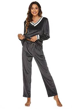 Ietaoo Velours Trainingsanzug Damen Schlafanzug Zweiteilige Jogginganzug Sportanzug Winter V Ausschnitt Pullover und Hose Nicki Hausanzug Pyjama Set Grau S von Ietaoo