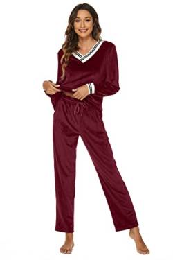 Ietaoo Velours Trainingsanzug Damen Schlafanzug Zweiteilige Jogginganzug Sportanzug Winter V Ausschnitt Pullover und Hose Nicki Hausanzug Pyjama Set Weinrot L von Ietaoo